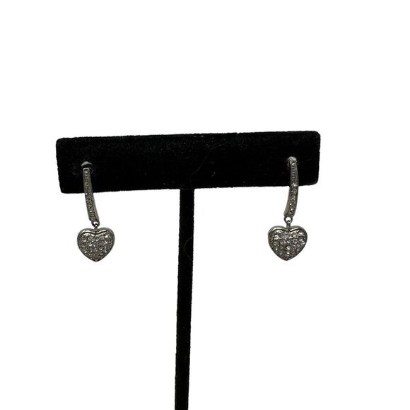 Heart Earrings Drop Pave Clear‎ Crystals Silver Tone Post Back 1" - Picture 1 of 4